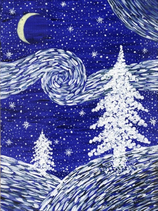 рисование зимняя ночь