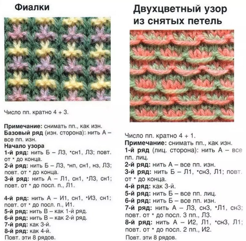 Узоры из СНЯТЫХ петель спицами схемы и описание