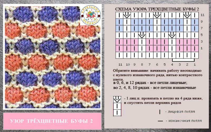 Схема вязания двухцветного узора снятыми петлями спицами