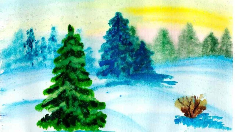 Зимний пейзаж легкий красками акварелью поэтапно