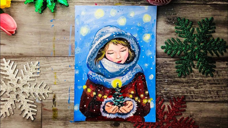 Новогодняя картина красками для девочки 10 лет