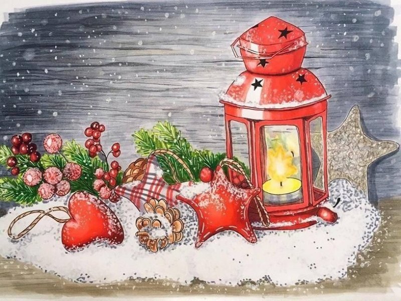 новогодние рисунки акварелью