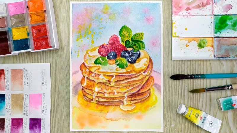 Блины рисунок акварелью