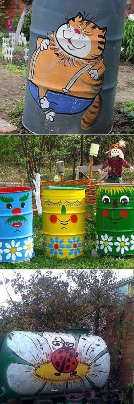 Разрисованные бочки на даче