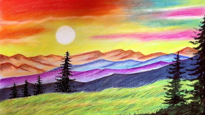 Пейзаж цветными карандашами