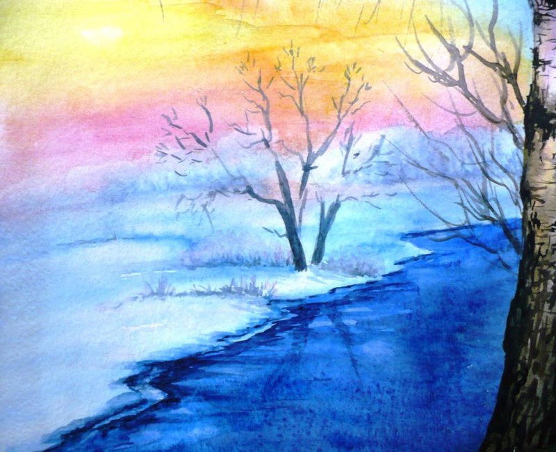 весна пейзаж акварелью для начинающих