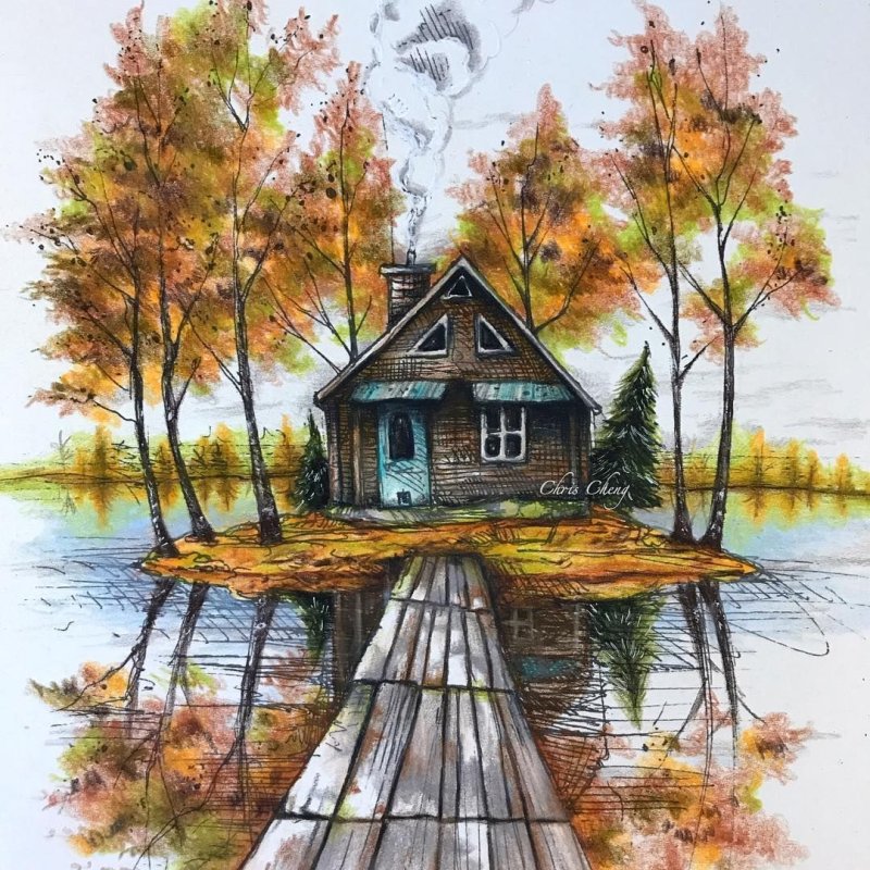 Дом у озера рисунок