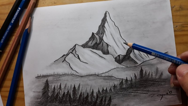Пейзаж гор карандашом