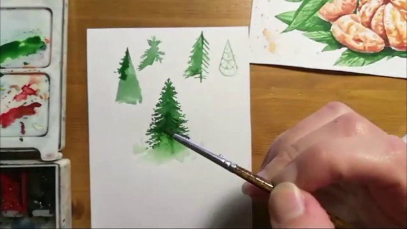 Рисование елки гуашью