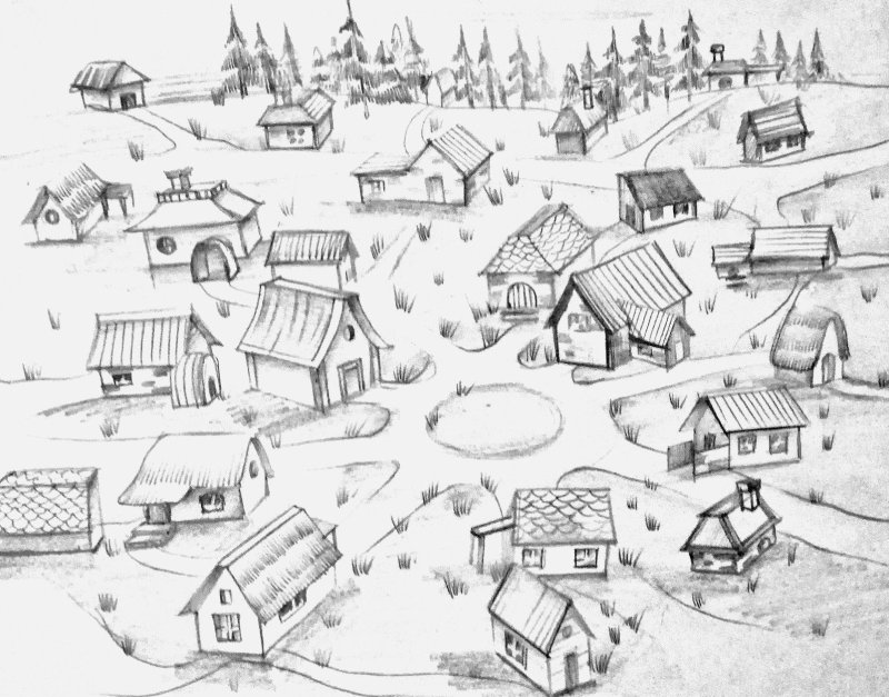 Средневековая деревня рисунок