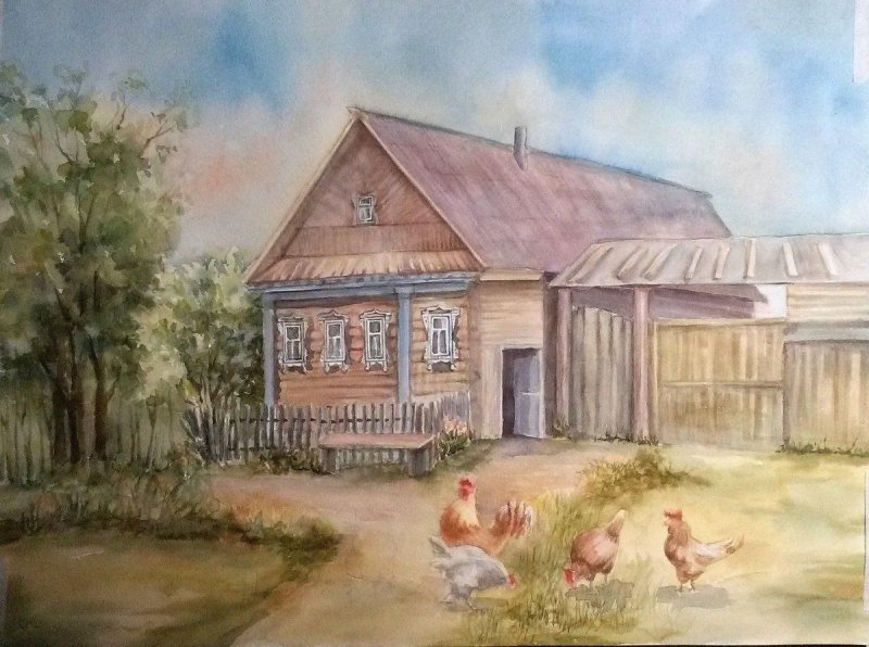 Деревенский пейзаж карандашом