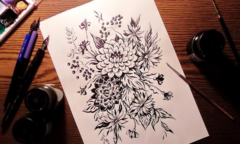 цветы черной ручкой