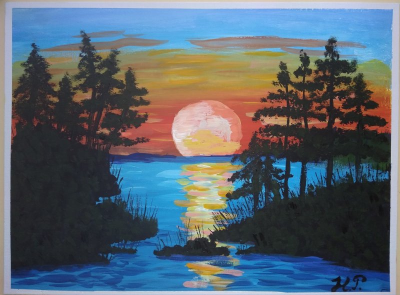 пейзаж закат гуашью