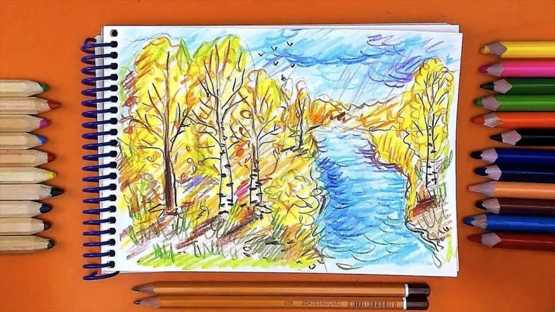 Пейзаж цветными карандашами