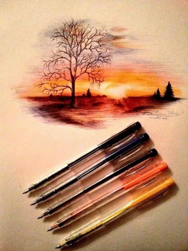 Пейзаж акварельными карандашами