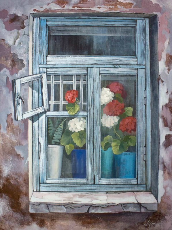 Окно с цветами на подоконнике