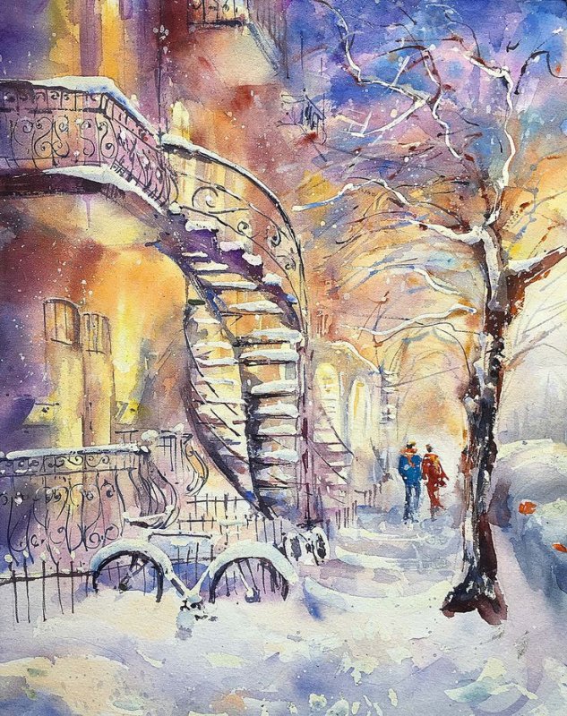 Зима акварель