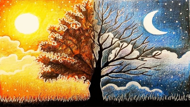 Рисование гуашью день и ночь